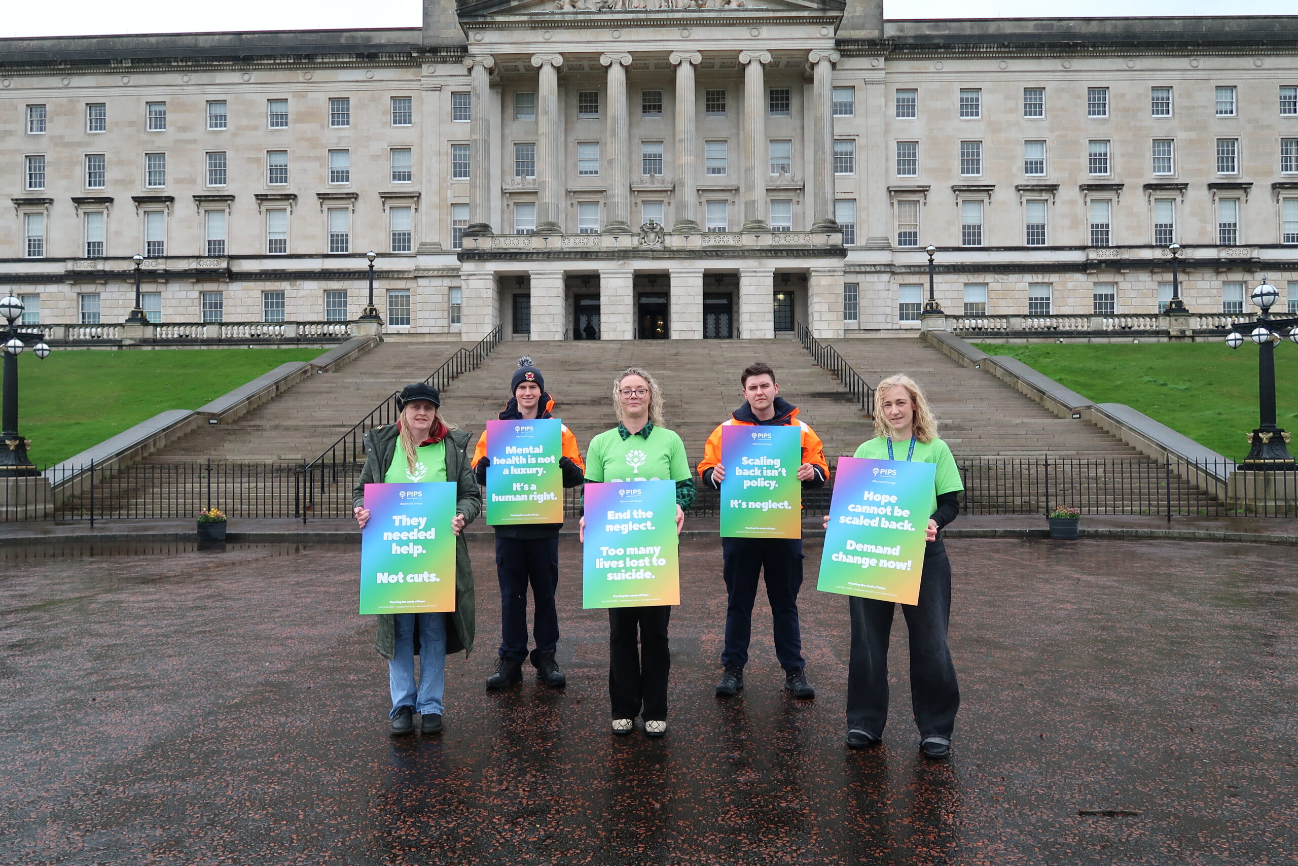 IMG_2594 Campaigners gather at Stormont to demand change following the latest statistics from NISRA revealed that there were 290 registered deaths by suicide in 2024